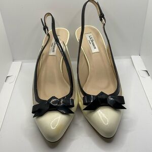 LK Bennett London Woman’s Slingback High Heels Cream Black with Bows Size 39
